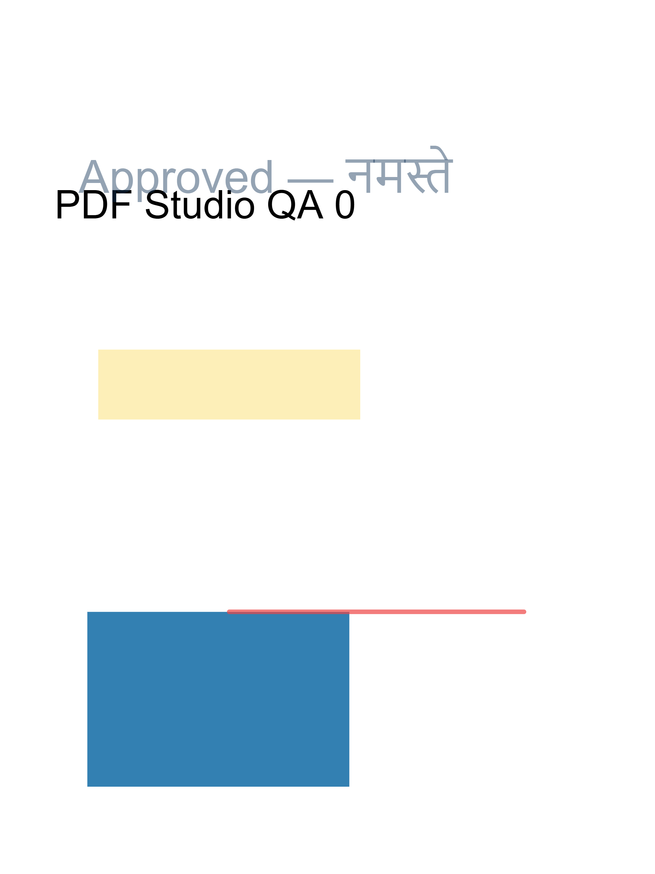 Actual PDF Studio PNG export showing the source PDF Studio QA text, a translucent Approved annotation, yellow highlight and red line