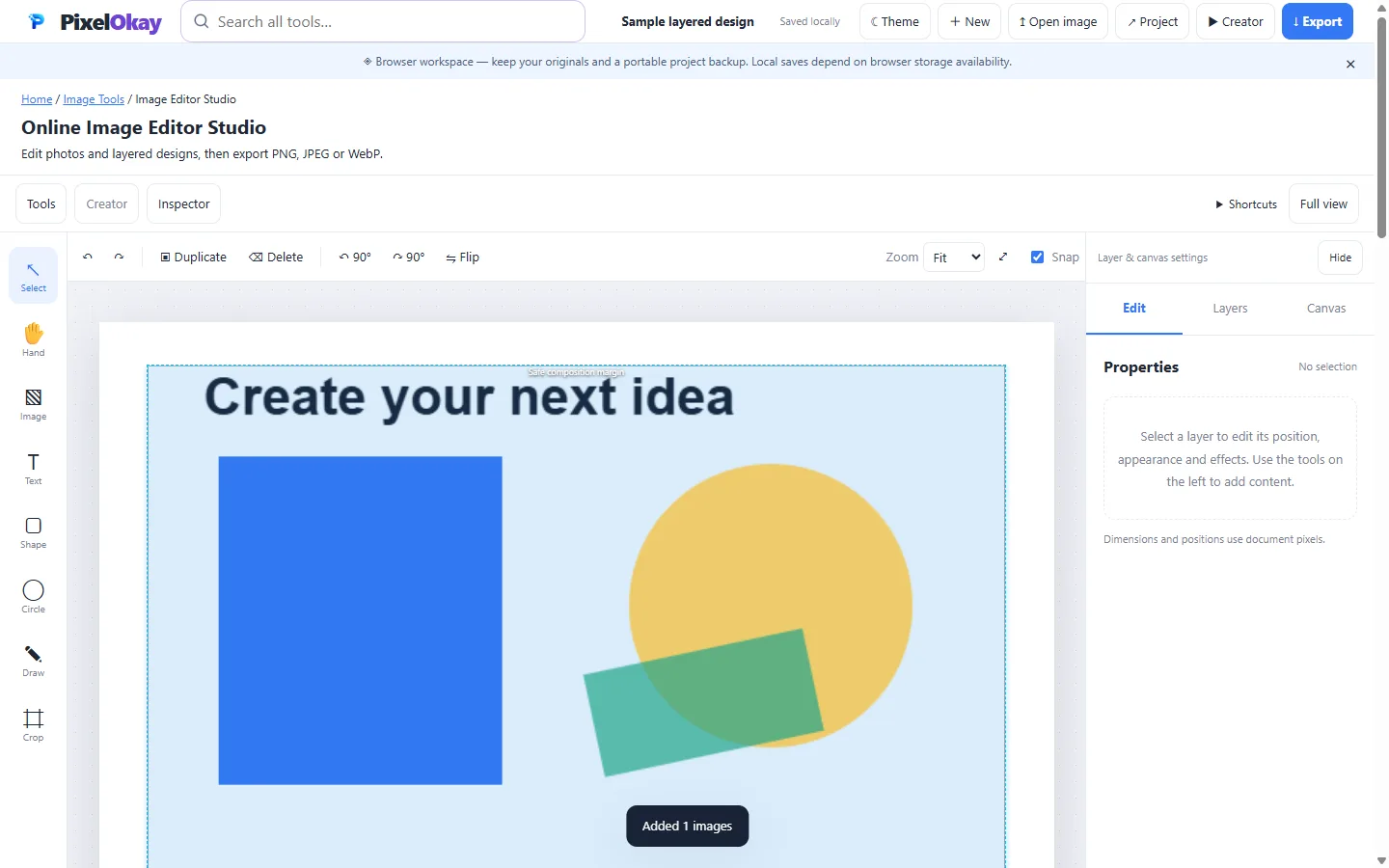 Actual Image Editor Studio workspace with an original geometric source image, a rotated shape and an editable title layer