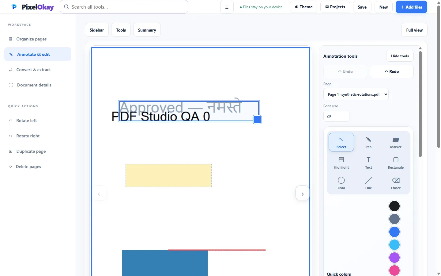 PDF Studio displaying an original synthetic PDF with text, highlight and line annotations